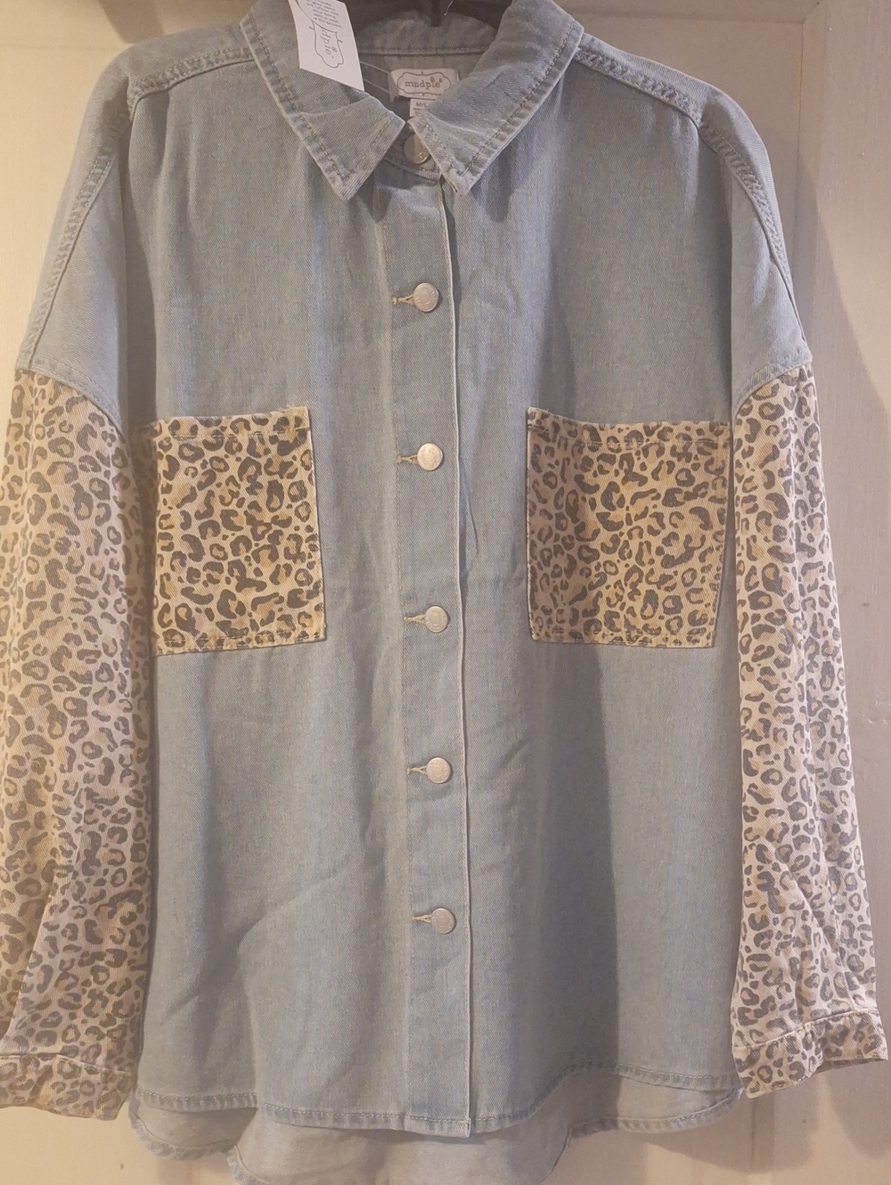 Mud Pie Light Blue Denim Button-Up with Leopard Print Pockets and Sleeves